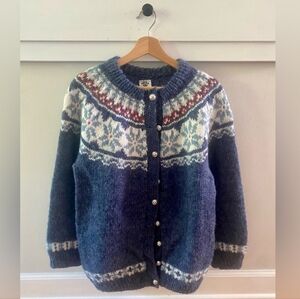 Vintage Nordic Wool Cardigan Fair Isle Button Down Sweater Blue Size Large